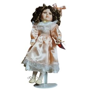 Vintage Classical Treasures Porcelain Doll 14" Peach Satin Dress Collectible NWT